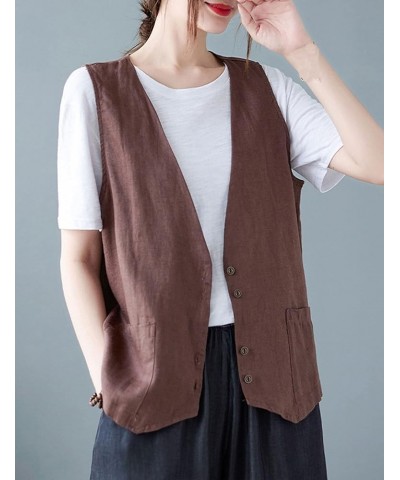 Womens Cotton Linen Vest Casual Loose V Neck Sleeveless Vests Jacket Blazer Waistcoat with Pockets 02 Coffee $13.20 Vests