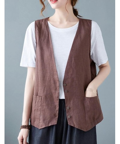 Womens Cotton Linen Vest Casual Loose V Neck Sleeveless Vests Jacket Blazer Waistcoat with Pockets 02 Coffee $13.20 Vests