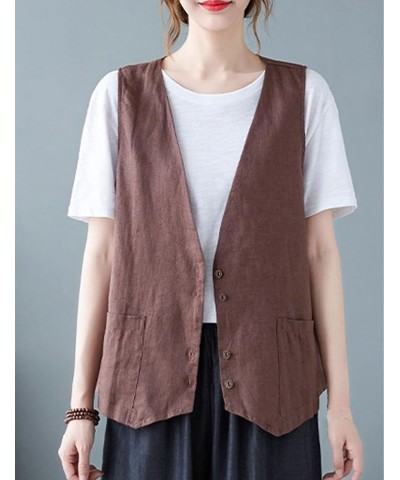 Womens Cotton Linen Vest Casual Loose V Neck Sleeveless Vests Jacket Blazer Waistcoat with Pockets 02 Coffee $13.20 Vests