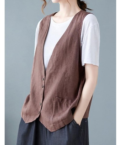 Womens Cotton Linen Vest Casual Loose V Neck Sleeveless Vests Jacket Blazer Waistcoat with Pockets 02 Coffee $13.20 Vests