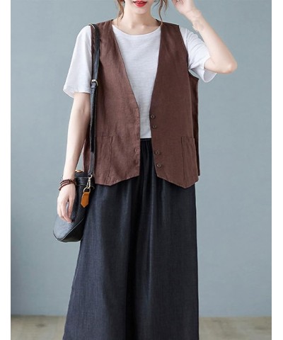 Womens Cotton Linen Vest Casual Loose V Neck Sleeveless Vests Jacket Blazer Waistcoat with Pockets 02 Coffee $13.20 Vests