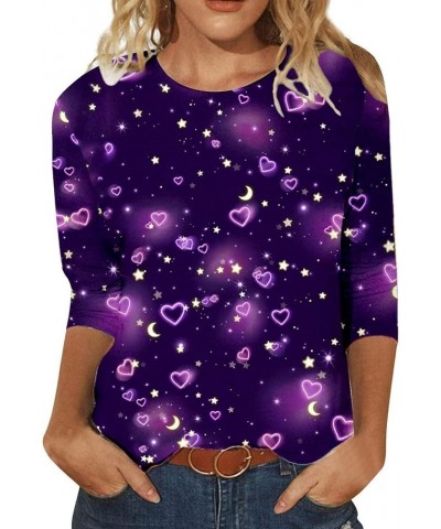 Valentine's Day Women's Tops Crewneck Casual 3/4 Length Sleeve Tshirt Love Heart Printed Loose Fit Blouse Tops 01-purple $7.7...