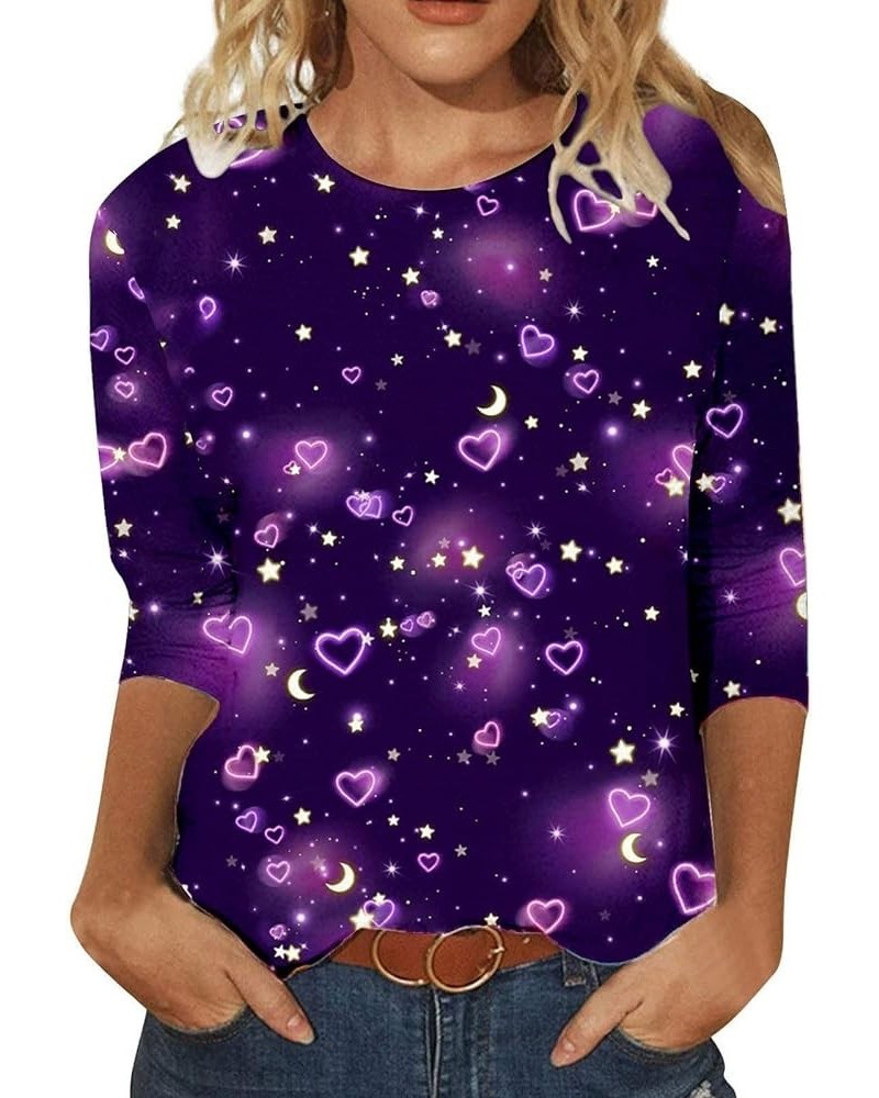 Valentine's Day Women's Tops Crewneck Casual 3/4 Length Sleeve Tshirt Love Heart Printed Loose Fit Blouse Tops 01-purple $7.7...