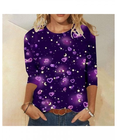 Valentine's Day Women's Tops Crewneck Casual 3/4 Length Sleeve Tshirt Love Heart Printed Loose Fit Blouse Tops 01-purple $7.7...