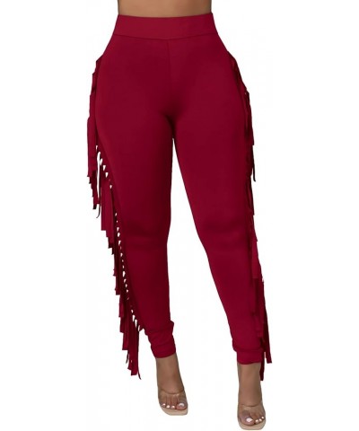 Women's Casual High Waist Fringed Pants Elastic Waist Bodycon Pants Tassels Side Long Pants Jogger Sweatpant A-wine Red $12.6...