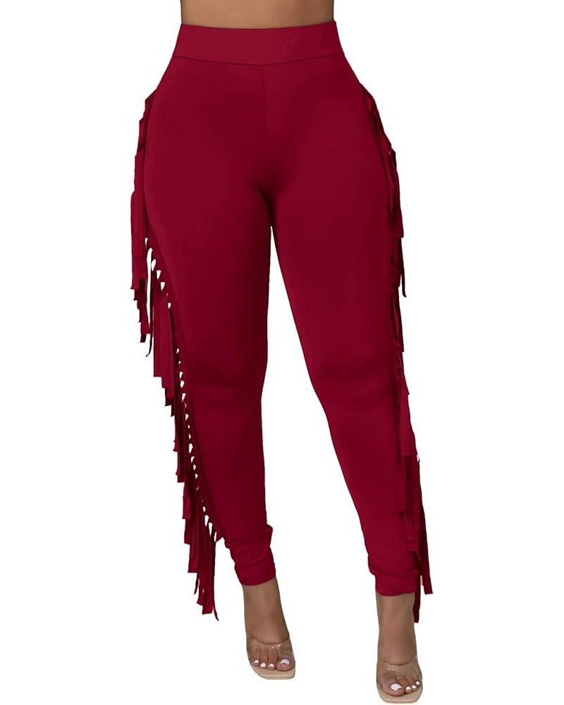 Women's Casual High Waist Fringed Pants Elastic Waist Bodycon Pants Tassels Side Long Pants Jogger Sweatpant A-wine Red $12.6...