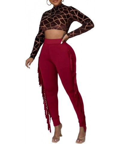 Women's Casual High Waist Fringed Pants Elastic Waist Bodycon Pants Tassels Side Long Pants Jogger Sweatpant A-wine Red $12.6...