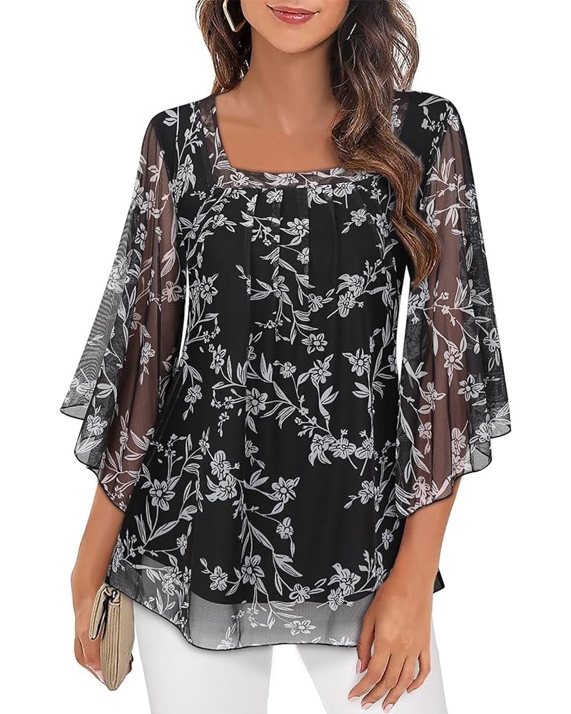 Misyula Square Neck Overlap Ruffle Sleeve Double Layers Elastic Mesh Blouse Casual Flowy Tunic Tops M-3XL Black White $16.31 ...