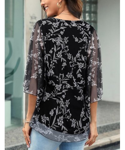 Misyula Square Neck Overlap Ruffle Sleeve Double Layers Elastic Mesh Blouse Casual Flowy Tunic Tops M-3XL Black White $16.31 ...