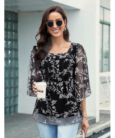 Misyula Square Neck Overlap Ruffle Sleeve Double Layers Elastic Mesh Blouse Casual Flowy Tunic Tops M-3XL Black White $16.31 ...