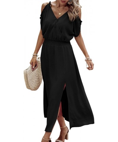 Women's 2024 Summer Maxi Dress Wrap V Neck Wedding Guest Cold Shoulder Split Smocked High Waist Long Dresses 2376 Black $26.3...