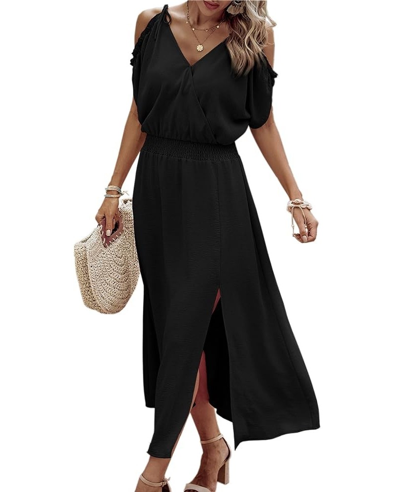 Women's 2024 Summer Maxi Dress Wrap V Neck Wedding Guest Cold Shoulder Split Smocked High Waist Long Dresses 2376 Black $26.3...