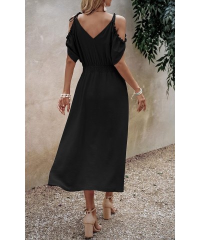 Women's 2024 Summer Maxi Dress Wrap V Neck Wedding Guest Cold Shoulder Split Smocked High Waist Long Dresses 2376 Black $26.3...