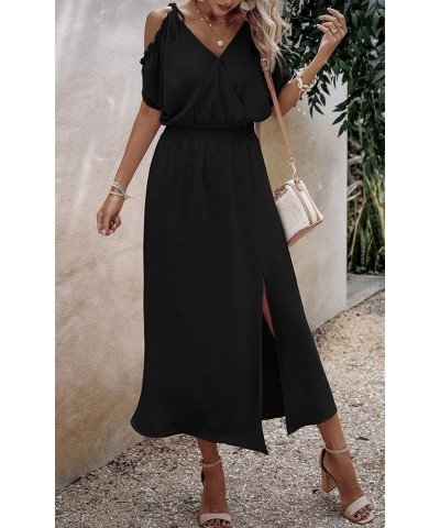 Women's 2024 Summer Maxi Dress Wrap V Neck Wedding Guest Cold Shoulder Split Smocked High Waist Long Dresses 2376 Black $26.3...