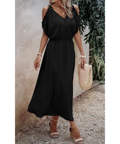 Women's 2024 Summer Maxi Dress Wrap V Neck Wedding Guest Cold Shoulder Split Smocked High Waist Long Dresses 2376 Black $26.3...