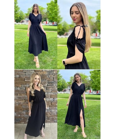 Women's 2024 Summer Maxi Dress Wrap V Neck Wedding Guest Cold Shoulder Split Smocked High Waist Long Dresses 2376 Black $26.3...