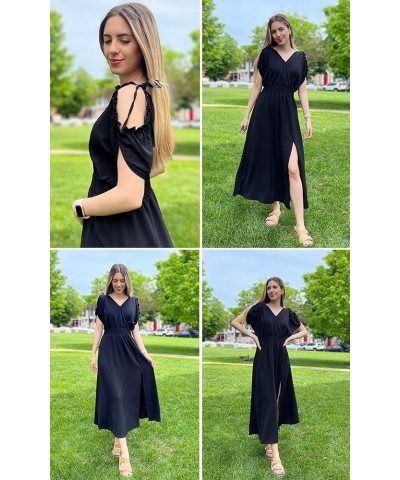 Women's 2024 Summer Maxi Dress Wrap V Neck Wedding Guest Cold Shoulder Split Smocked High Waist Long Dresses 2376 Black $26.3...