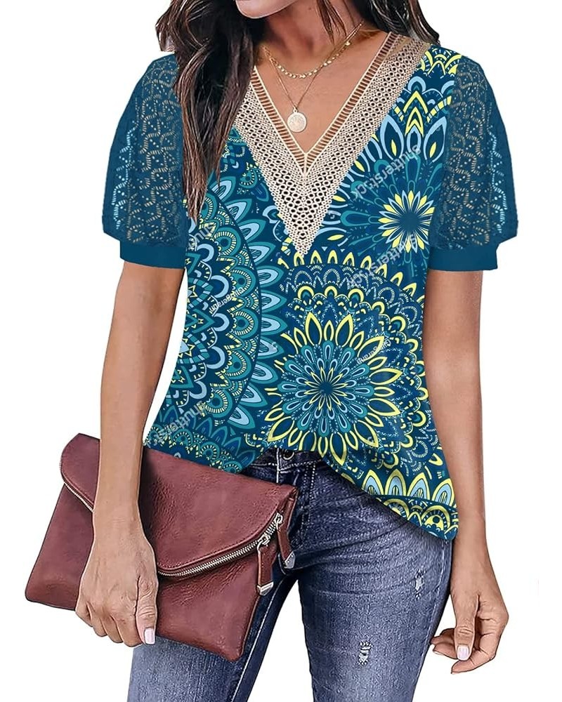 Womens Tops Casual Cute Tops Puff Sleeve Summer Tops 2024 Trendy Floral Print Lace V Neck Short Sleeve Shirts C Flower 4 $17....