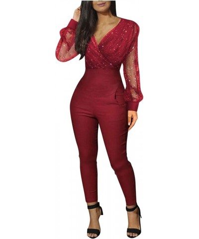 Overalls Summer Women's Long Rompers Jumpsuit Mesh Sequined Fashion Long Pocket V-neck Sleeve Women's White Winter Red 1 $11....