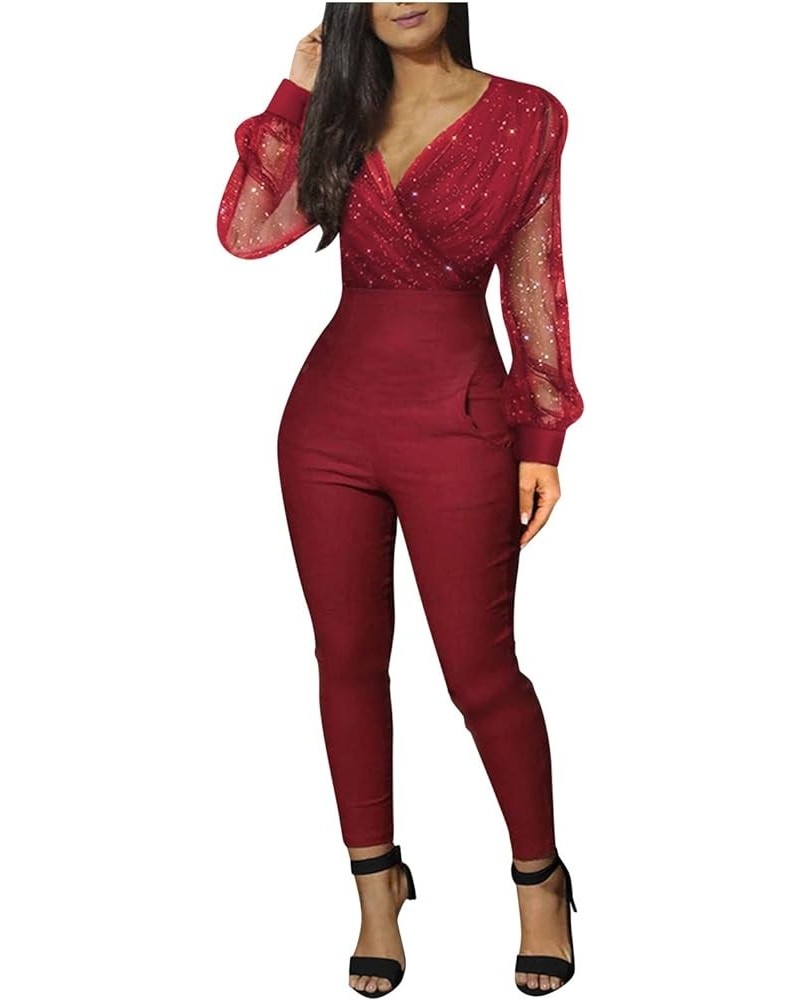 Overalls Summer Women's Long Rompers Jumpsuit Mesh Sequined Fashion Long Pocket V-neck Sleeve Women's White Winter Red 1 $11....