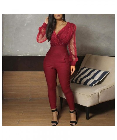 Overalls Summer Women's Long Rompers Jumpsuit Mesh Sequined Fashion Long Pocket V-neck Sleeve Women's White Winter Red 1 $11....