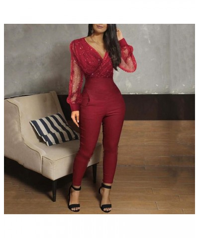 Overalls Summer Women's Long Rompers Jumpsuit Mesh Sequined Fashion Long Pocket V-neck Sleeve Women's White Winter Red 1 $11....