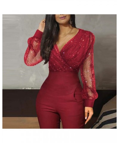 Overalls Summer Women's Long Rompers Jumpsuit Mesh Sequined Fashion Long Pocket V-neck Sleeve Women's White Winter Red 1 $11....