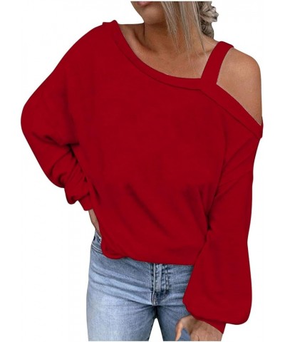 Off Shoulder Tops for Women Fashion One Shoulder Long Sleeve Shirts Tee Solid Casual Vacation Blouse Loose Clothes 3-red $6.4...