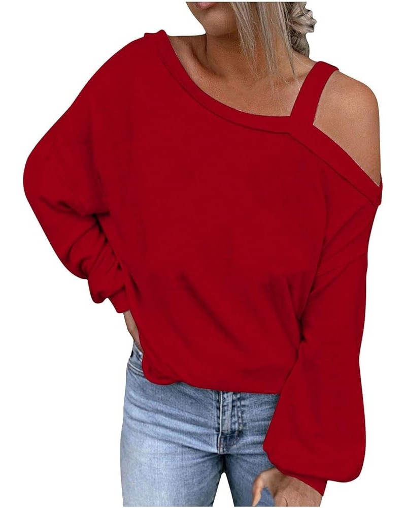 Off Shoulder Tops for Women Fashion One Shoulder Long Sleeve Shirts Tee Solid Casual Vacation Blouse Loose Clothes 3-red $6.4...