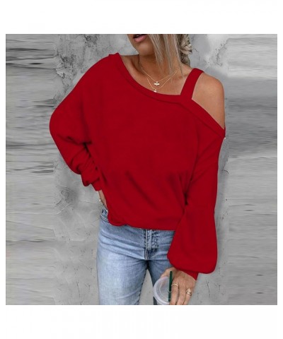 Off Shoulder Tops for Women Fashion One Shoulder Long Sleeve Shirts Tee Solid Casual Vacation Blouse Loose Clothes 3-red $6.4...