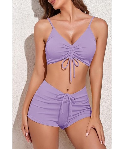 Ribbed Two Piece Swimsuits for Women Tie Mid High Waisted Bikini Purple $13.91 Swimsuits