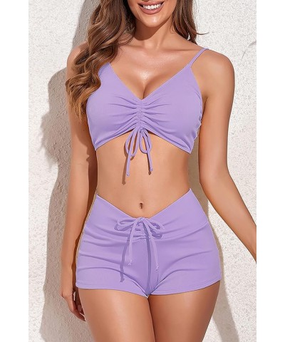 Ribbed Two Piece Swimsuits for Women Tie Mid High Waisted Bikini Purple $13.91 Swimsuits