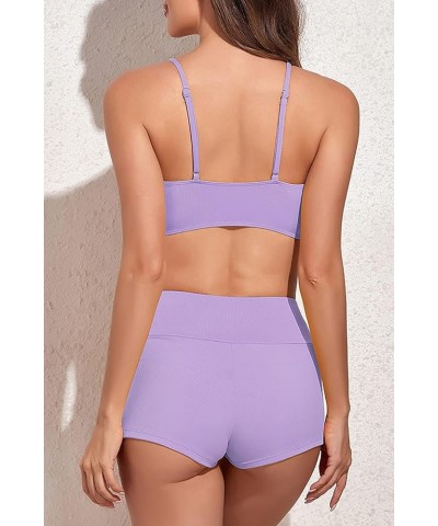 Ribbed Two Piece Swimsuits for Women Tie Mid High Waisted Bikini Purple $13.91 Swimsuits