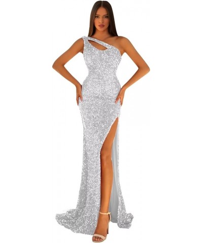 Sequin Mermaid Prom Dresses Sparkly One Shoulder Formal Gowns with Slit Keyhole Party Dress Silver $50.00 Dresses