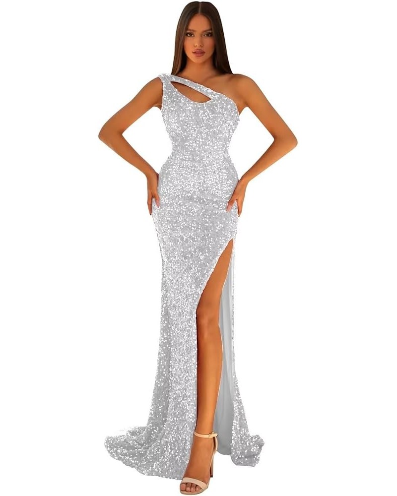 Sequin Mermaid Prom Dresses Sparkly One Shoulder Formal Gowns with Slit Keyhole Party Dress Silver $50.00 Dresses