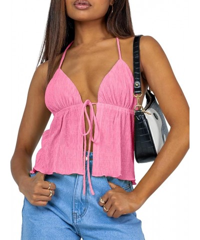 Women Sexy Halterneck Y2k Tops Slit Front Tie Crop Tops Sleeveless Spaghetti Strap Vests Slim Fit Strappy Tank Tops Rose Red ...