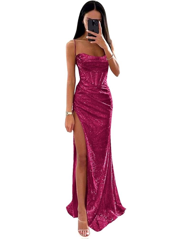 Women's Sequin Prom Dresses for Teens 2024 Sparkly Spaghetti Straps Glitter Ball Gown High Slit Formal Dress Hot Pink $37.79 ...