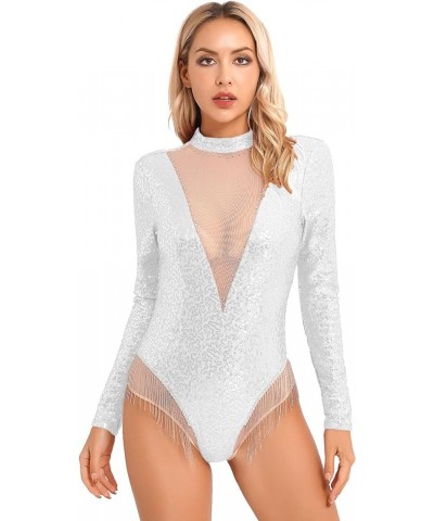 Women Sparkle Sequins Long Sleeve Tassel Leotard Mesh Patchwork Mock Neck Open Back Fringe Bodysuit Silver $10.00 Bodysuits