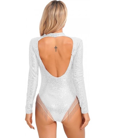 Women Sparkle Sequins Long Sleeve Tassel Leotard Mesh Patchwork Mock Neck Open Back Fringe Bodysuit Silver $10.00 Bodysuits