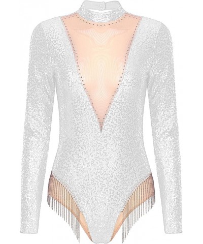 Women Sparkle Sequins Long Sleeve Tassel Leotard Mesh Patchwork Mock Neck Open Back Fringe Bodysuit Silver $10.00 Bodysuits