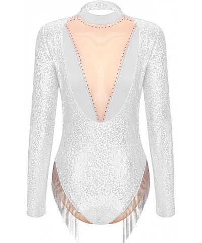 Women Sparkle Sequins Long Sleeve Tassel Leotard Mesh Patchwork Mock Neck Open Back Fringe Bodysuit Silver $10.00 Bodysuits