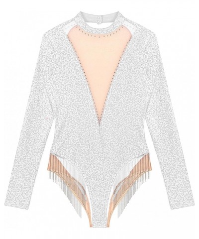 Women Sparkle Sequins Long Sleeve Tassel Leotard Mesh Patchwork Mock Neck Open Back Fringe Bodysuit Silver $10.00 Bodysuits