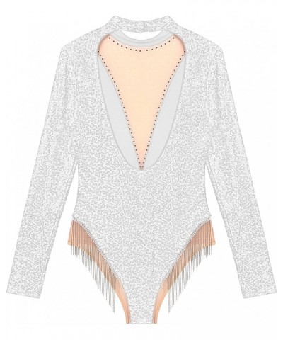 Women Sparkle Sequins Long Sleeve Tassel Leotard Mesh Patchwork Mock Neck Open Back Fringe Bodysuit Silver $10.00 Bodysuits