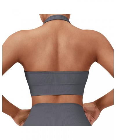 Women Seamless Halter Sports Bra Open Back Padded Workout Crop Tank Tops Grey Black $15.98 Lingerie