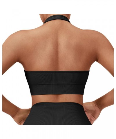 Women Seamless Halter Sports Bra Open Back Padded Workout Crop Tank Tops Grey Black $15.98 Lingerie