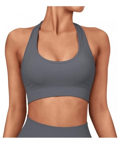 Women Seamless Halter Sports Bra Open Back Padded Workout Crop Tank Tops Grey Black $15.98 Lingerie