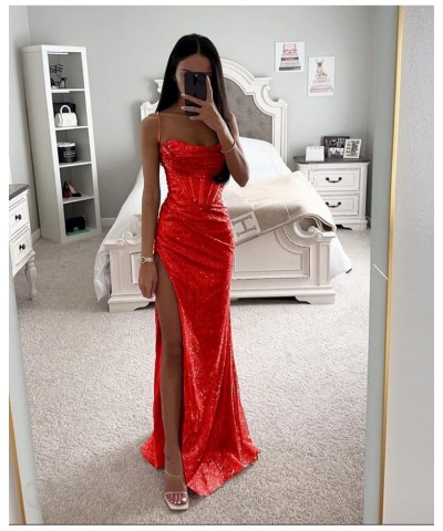 Women's Sequin Prom Dresses for Teens 2024 Sparkly Spaghetti Straps Glitter Ball Gown High Slit Formal Dress Hot Pink $37.79 ...