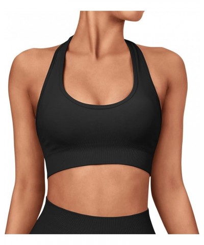 Women Seamless Halter Sports Bra Open Back Padded Workout Crop Tank Tops Grey Black $15.98 Lingerie