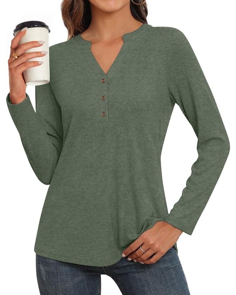 Womens Fall Henley Tops Notch V Neck Tunic Long Sleeve Loose Blouse Winter Dressy Sweatshirt A-olive Green $14.49 Tops