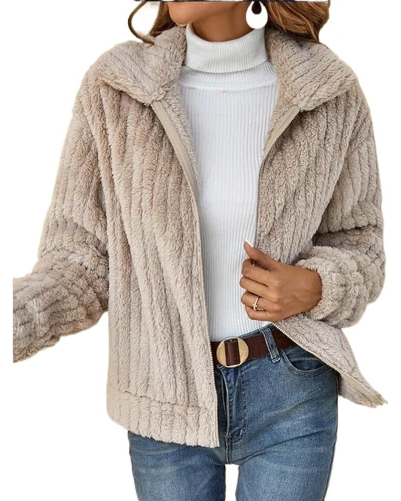 Women's Fleece Sherpa Jackets Fuzzy Long Sleeve Oversized Lapel Zip Up Shaggy Teddy Coat Outwear Zipper-airpoct $12.96 Jackets